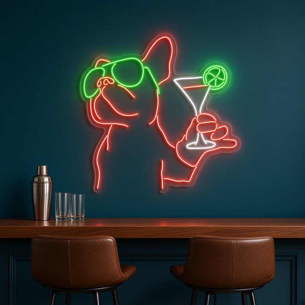 French Bulldog with Sunglasses and Martini LED Neon Sign