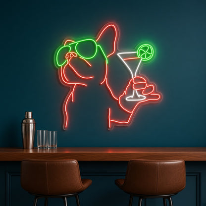 French Bulldog with Sunglasses and Martini LED Neon Sign