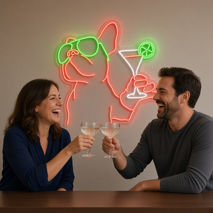 French Bulldog with Sunglasses and Martini LED Neon Sign