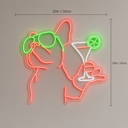 French Bulldog with Sunglasses and Martini LED Neon Sign