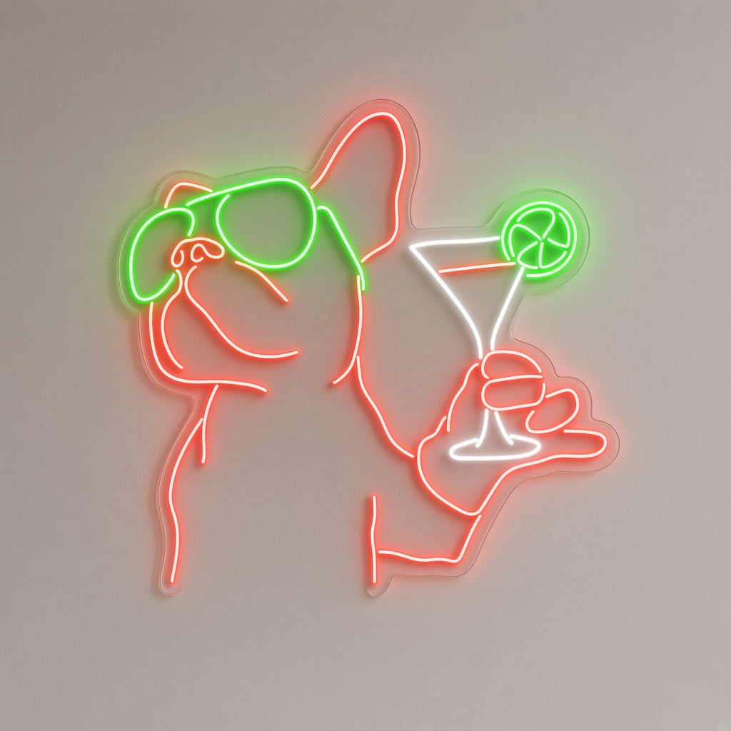 French Bulldog with Sunglasses and Martini LED Neon Sign