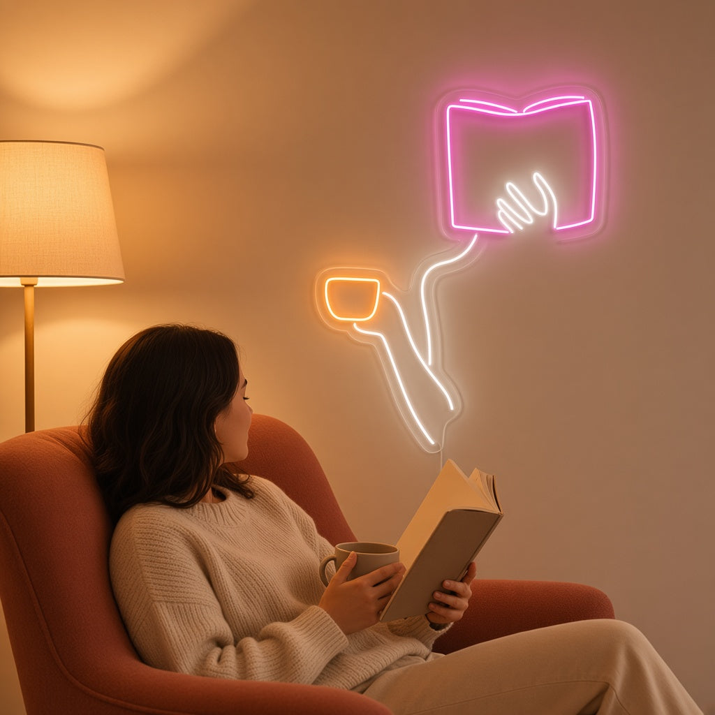 Hand Holding Book and Coffee Cup LED Neon Sign