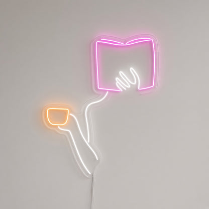 Hand Holding Book and Coffee Cup LED Neon Sign
