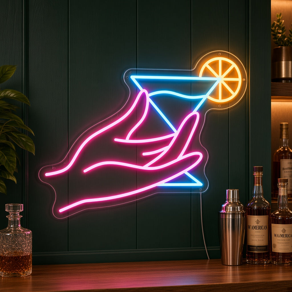 Hand Holding Cocktail Glass LED Neon Sign