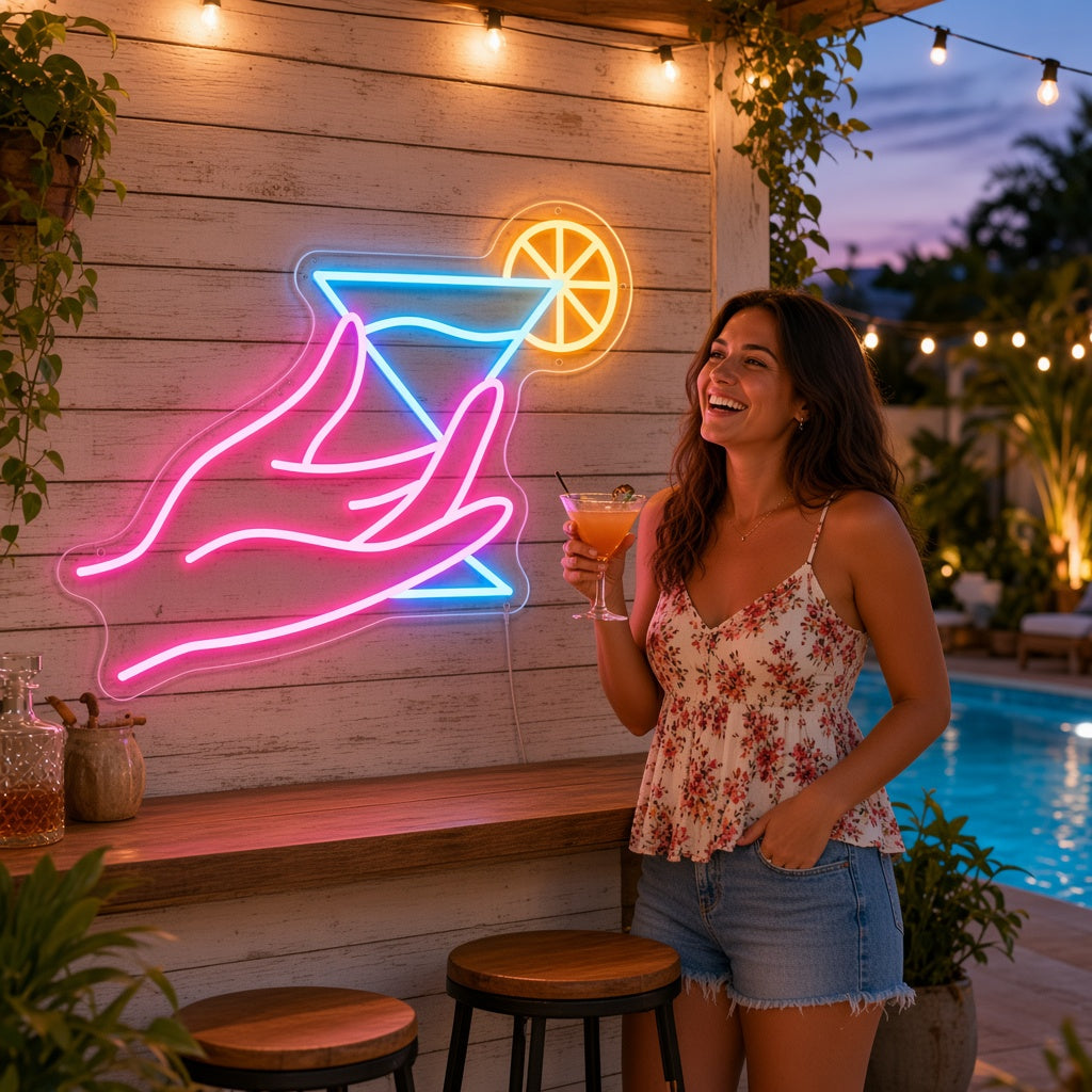 Hand Holding Cocktail Glass LED Neon Sign