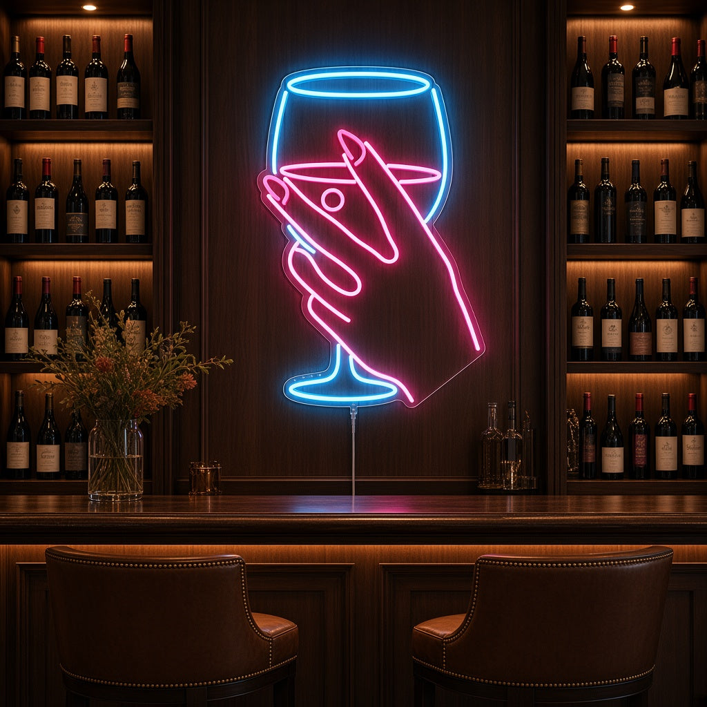 Hand Holding Wine Glass LED Neon Sign