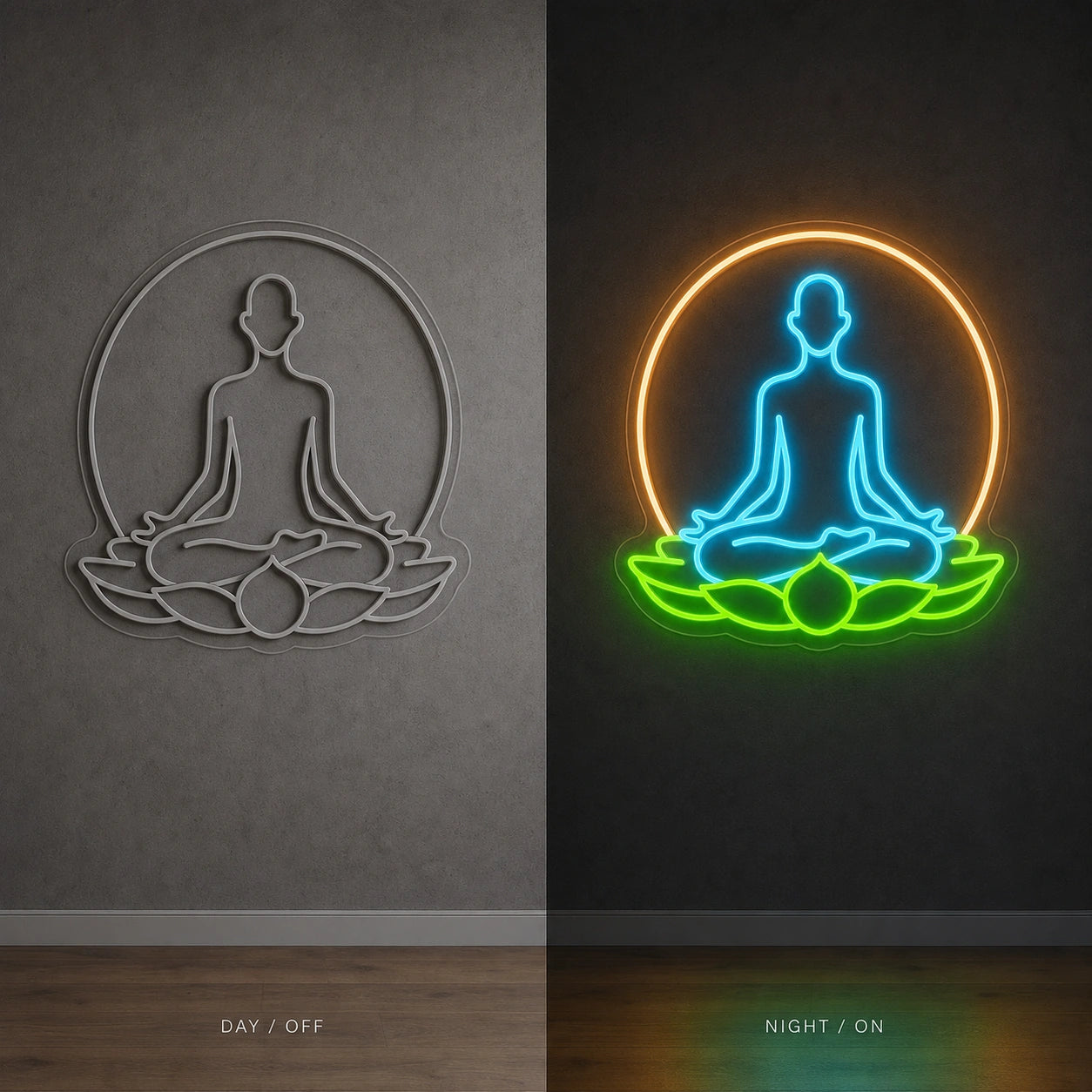 Om Yoga Collective LED Neon Sign Garage Man Cave Neon Sign day and night comparison