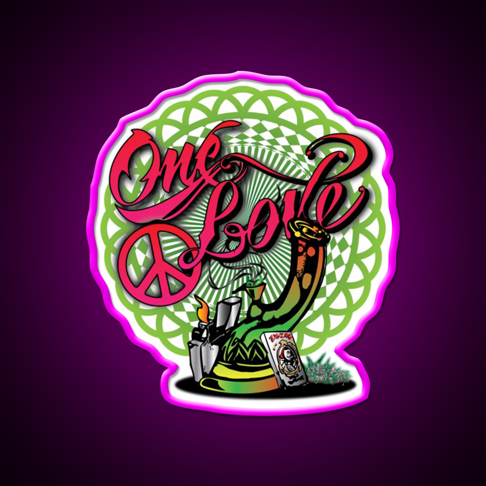 One Love Stoner Art Hemp Inspired Green Leaf Led Neon Sign Rgb Color - Neon sign mounted on wall in room