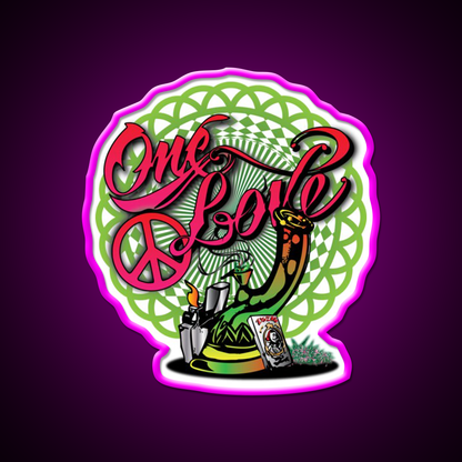 One Love Stoner Art Hemp Inspired Green Leaf Led Neon Sign Rgb Color - Neon sign mounted on wall in room