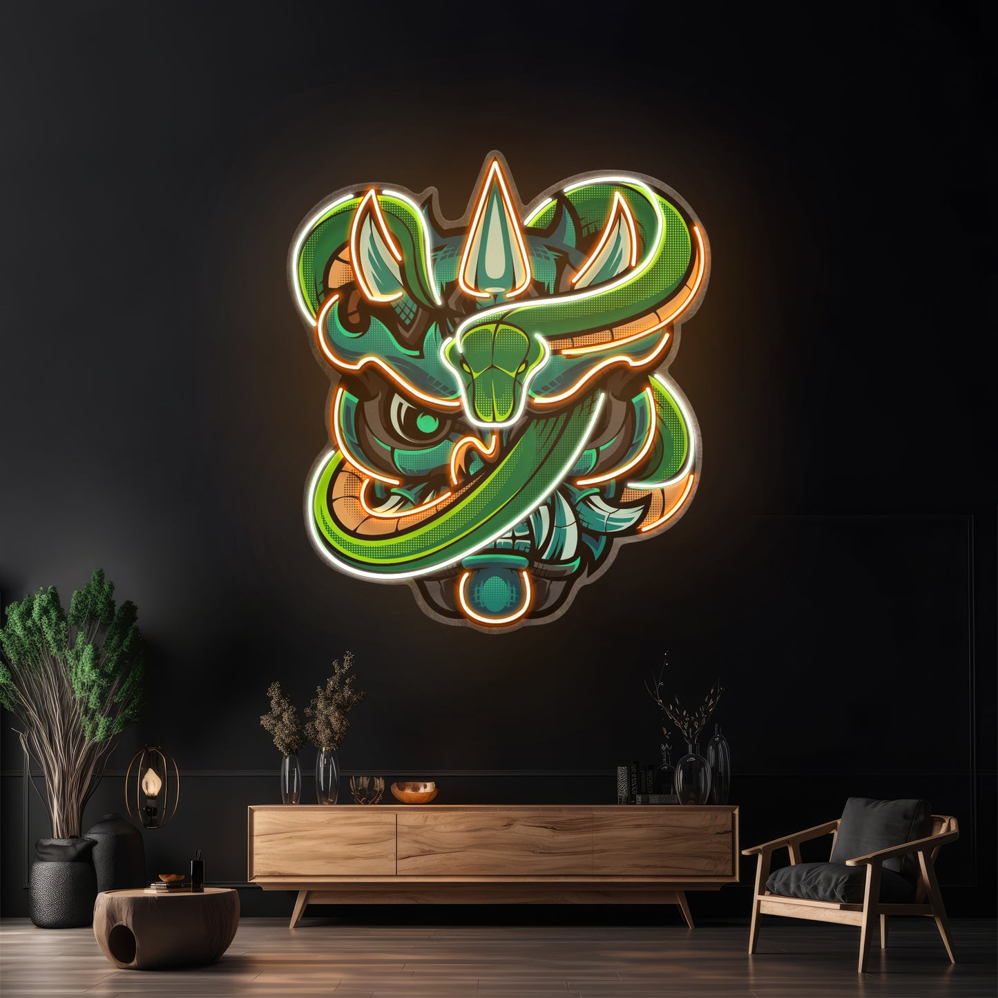 Oni Head And Green Snake Led Neon Sign Light Custom Led Signs