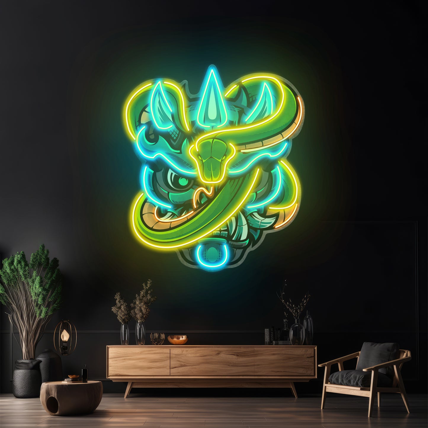 Oni Head And Green Snake Led Neon Sign Light Custom Led Signs