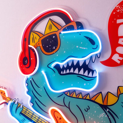 Ool Dinosaur Playing Guitar Uv Printed Led Neon Sign For Kids Room Decor | Shineneon