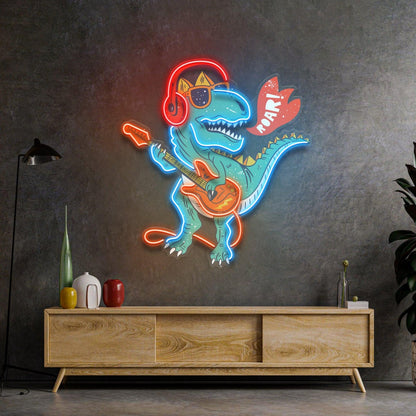 Ool Dinosaur Playing Guitar Uv Printed Led Neon Sign For Kids Room Decor | Shineneon