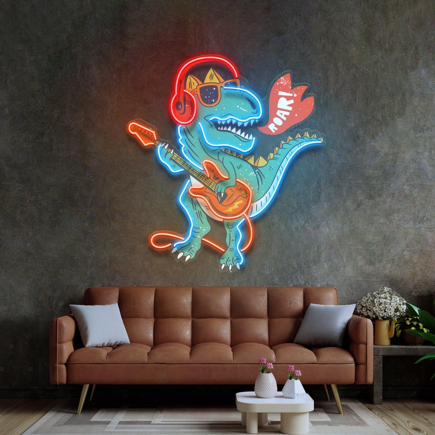 Ool Dinosaur Playing Guitar Uv Printed Led Neon Sign For Kids Room Decor | Shineneon