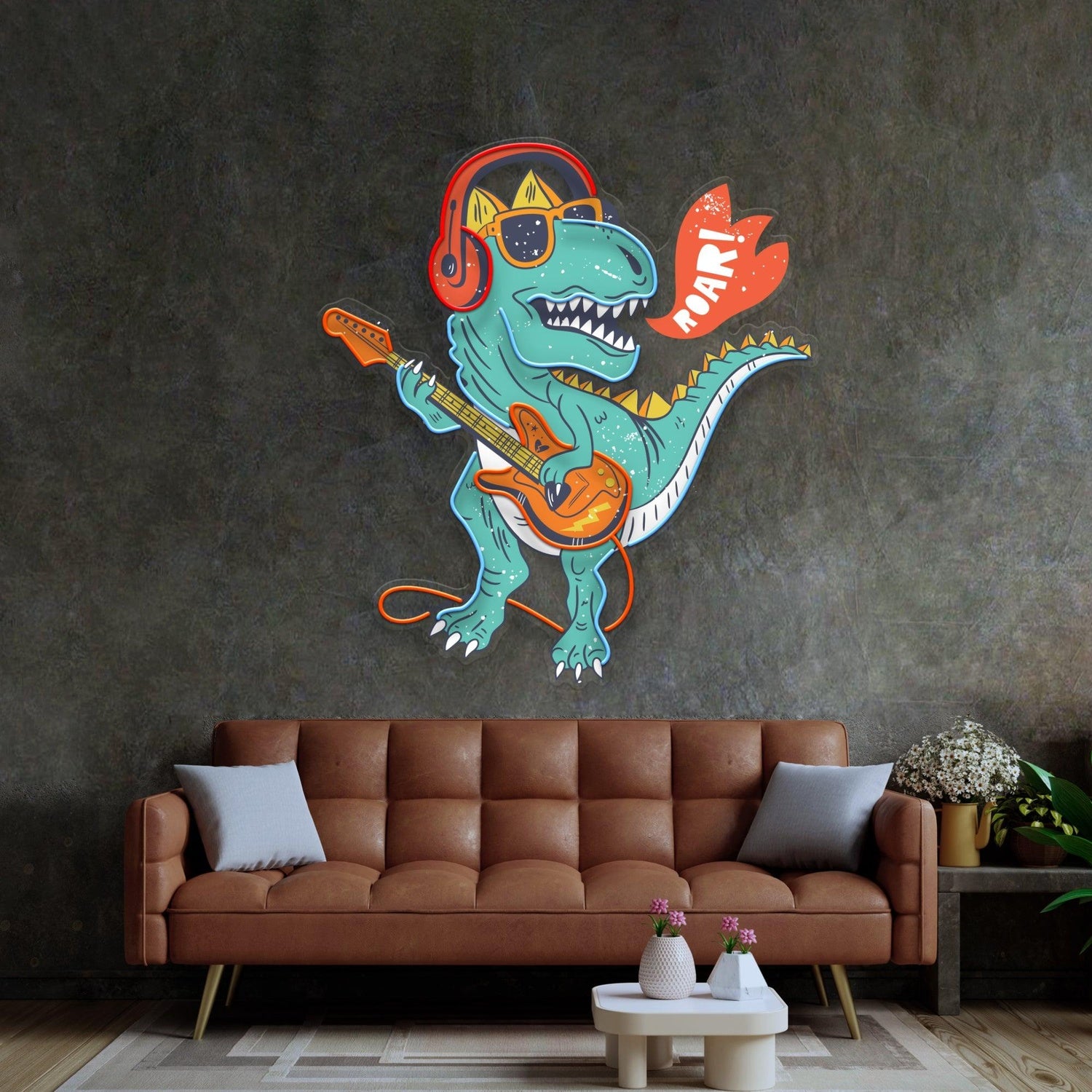 Ool Dinosaur Playing Guitar Uv Printed Led Neon Sign For Kids Room Decor | Shineneon