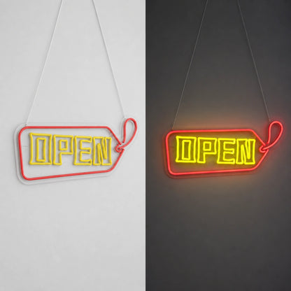 Open Arrow Tag Vintage LED Neon Sign day and night comparison