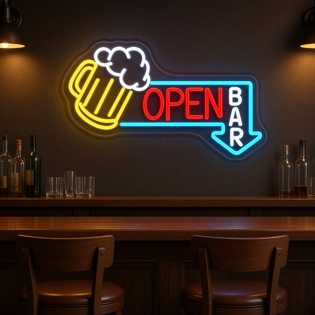Open Bar Beer Mug LED Neon Sign - advertising view