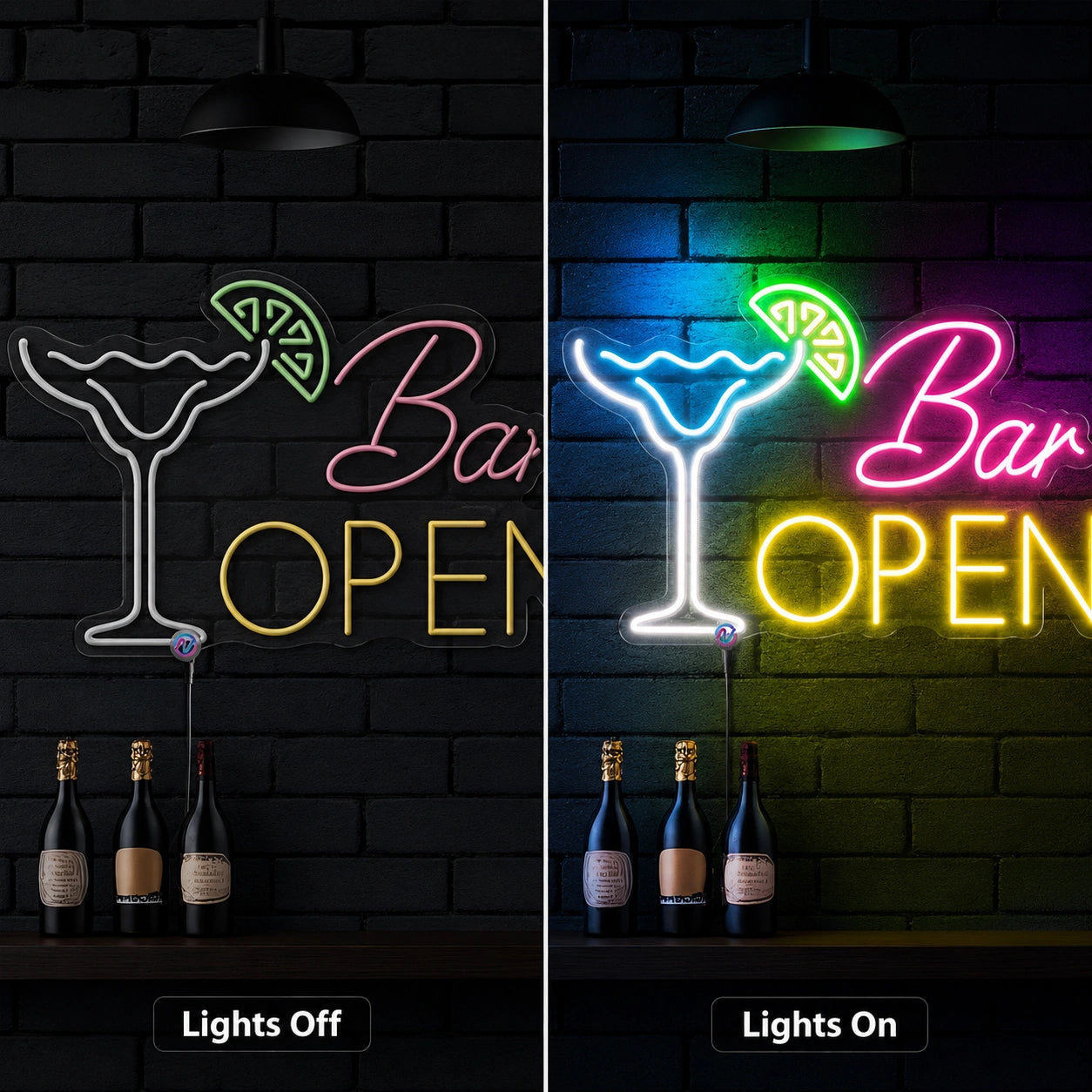 Open Bar Martini Neon Sign LED Neon Sign day and night comparison