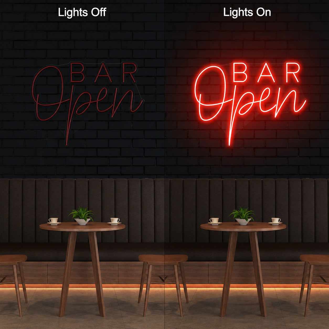 Open Bar Neon Sign LED Neon Sign day and night comparison