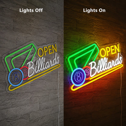 Open Billiards Neon Sign LED Neon Sign day and night comparison