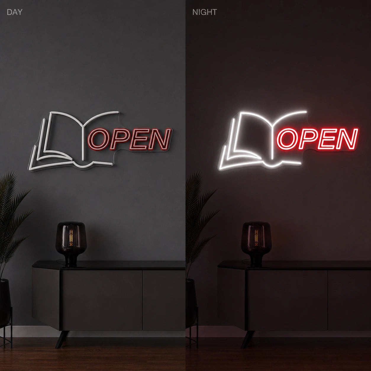 Open Book LED Neon Sign Garage Man Cave Neon Sign day and night comparison