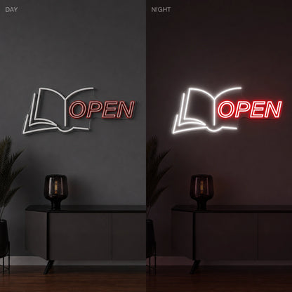 Open Book LED Neon Sign Garage Man Cave Neon Sign day and night comparison