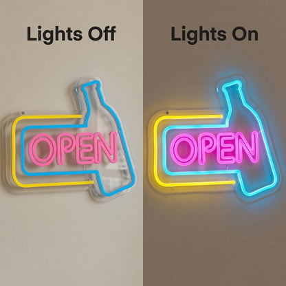 Open Business LED Neon Sign Wall Art Business Sign - 06 Day Night Comparison