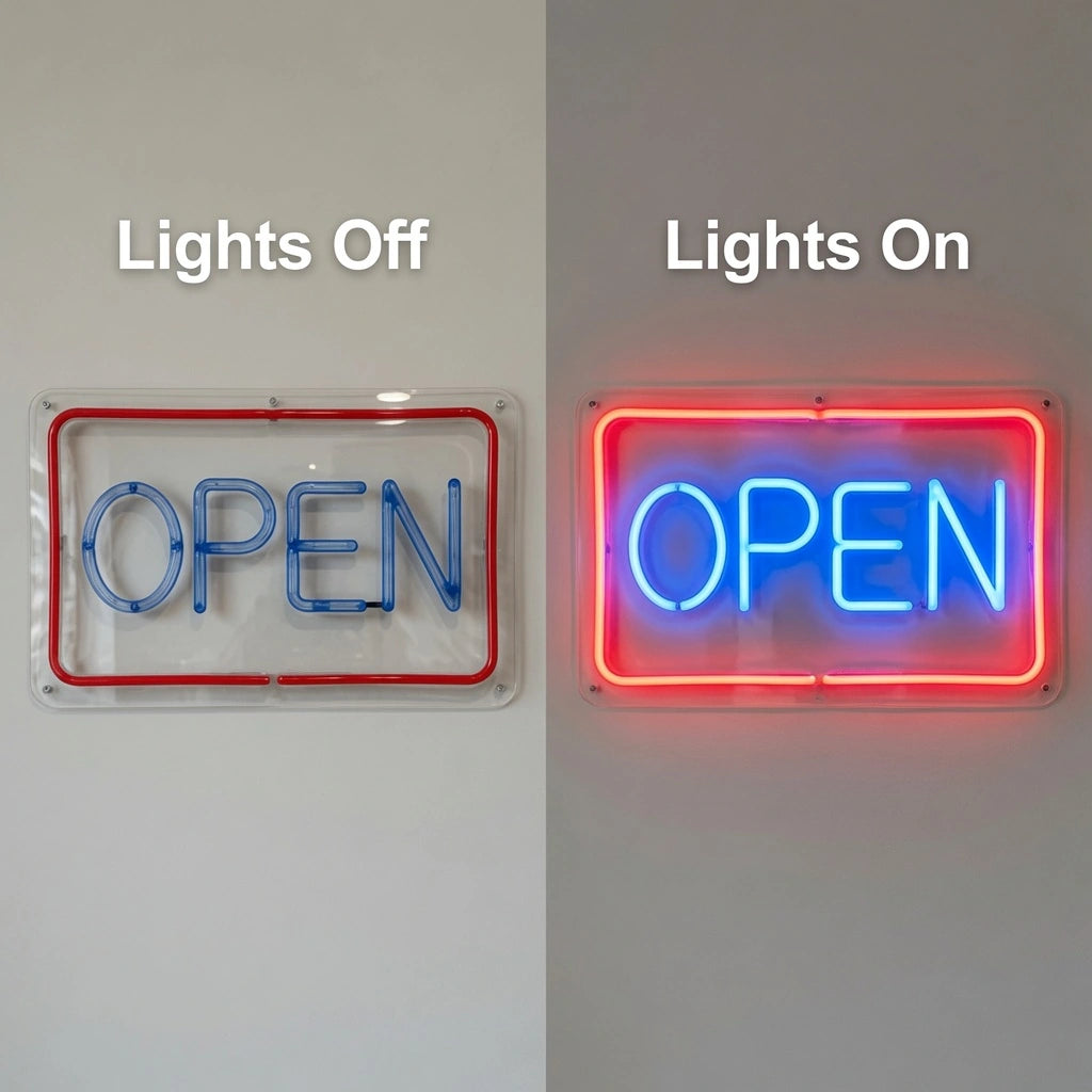 Open Business LED Neon Sign Wall Decor - 06 Day Night Comparison