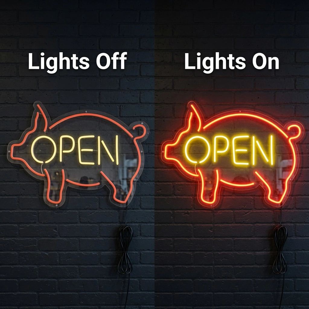 Open Cafe Wall Art LED Neon Sign - 06 Day Night Comparison