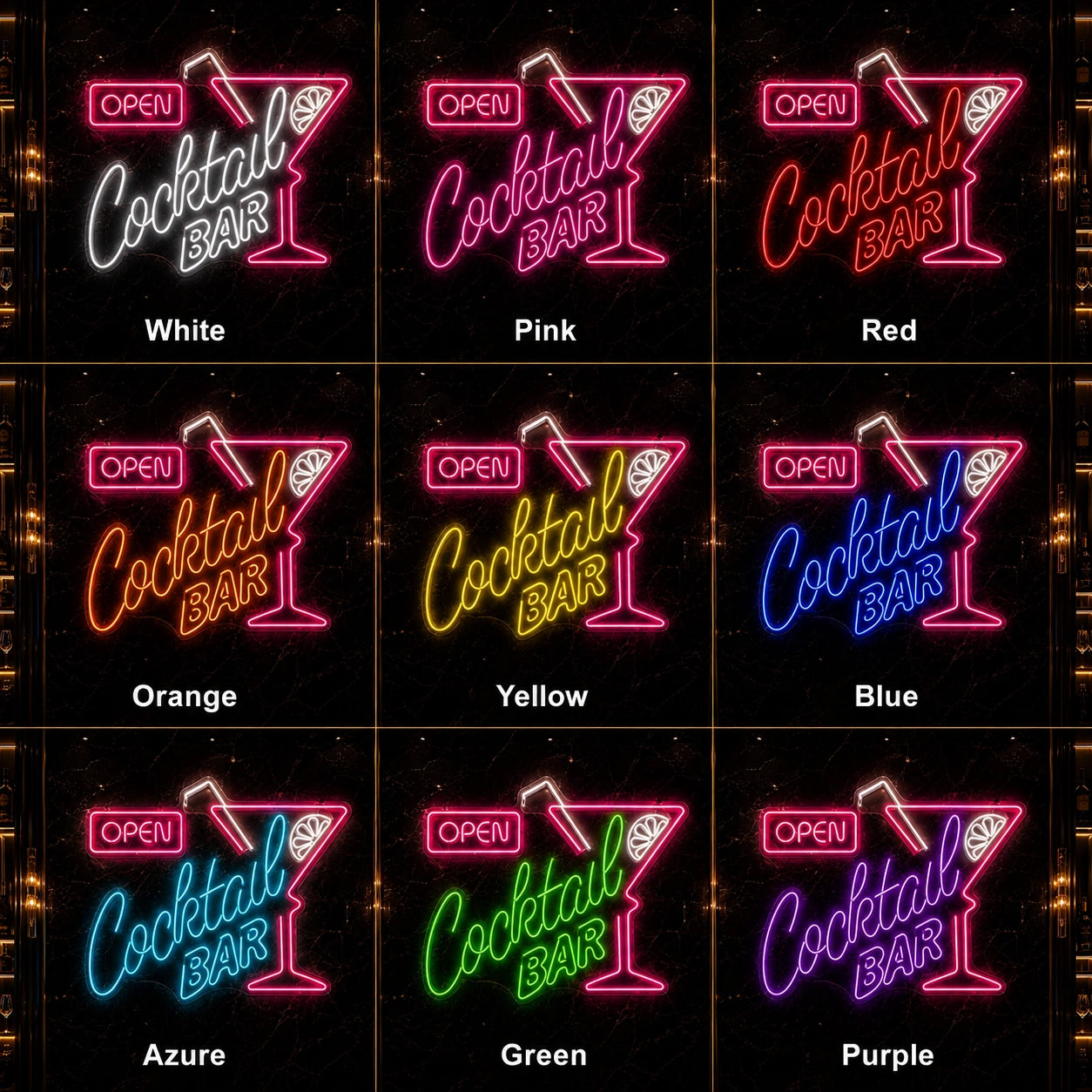 Open Cocktail Bar LED Neon Sign - 05 Color Grid