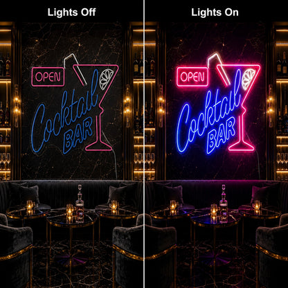 Open Cocktail Bar LED Neon Sign - 06 Day Night Comparison