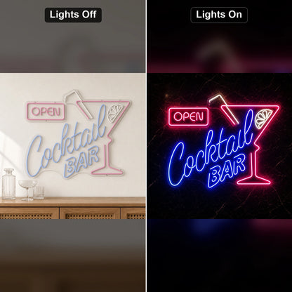 Open Cocktail Bar Man Cave LED Neon Sign Garage Man Cave Neon Sign day and night comparison