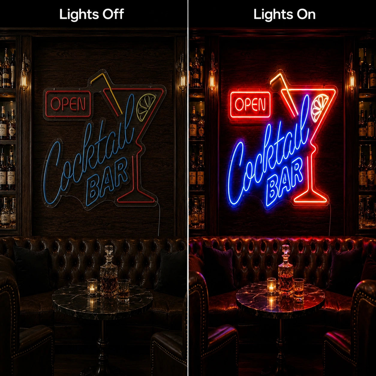 Open Cocktail Bar Neon Sign LED Neon Sign day and night comparison