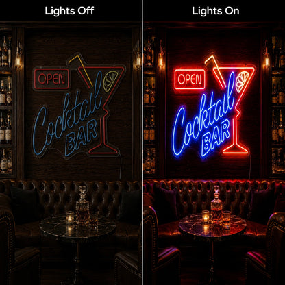 Open Cocktail Bar Neon Sign LED Neon Sign day and night comparison