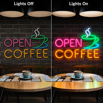 Open Coffee LED Neon Sign - 06 Day Night Comparison