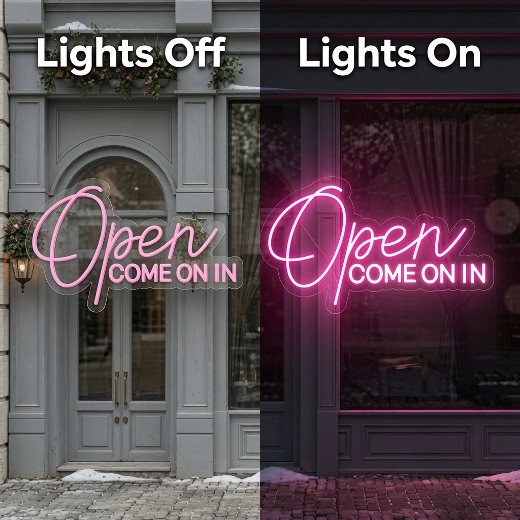 Open Come Business LED Neon Sign - 06 Day Night Comparison