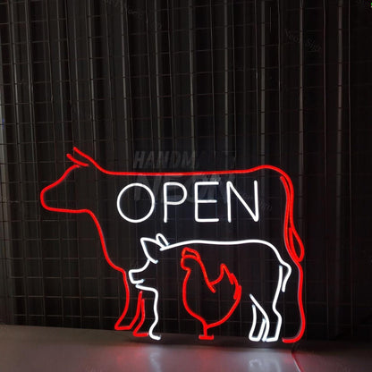 Open Cow Pig Chicken Meat Bbq Restaurant Led Sign | Shineneon
