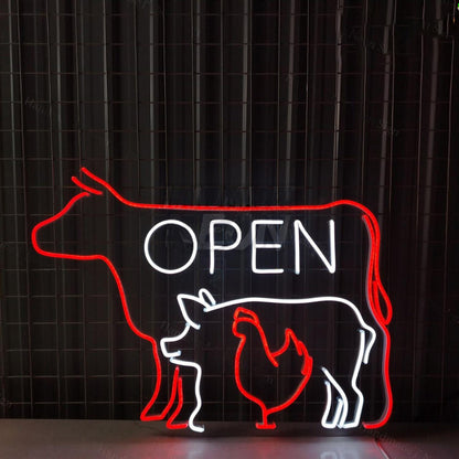 Open Cow Pig Chicken Meat Bbq Restaurant Led Sign | Shineneon