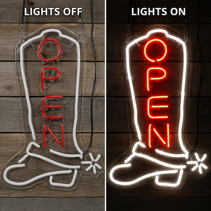 Open Cowboy Boot Neon Sign LED Neon Sign day and night comparison
