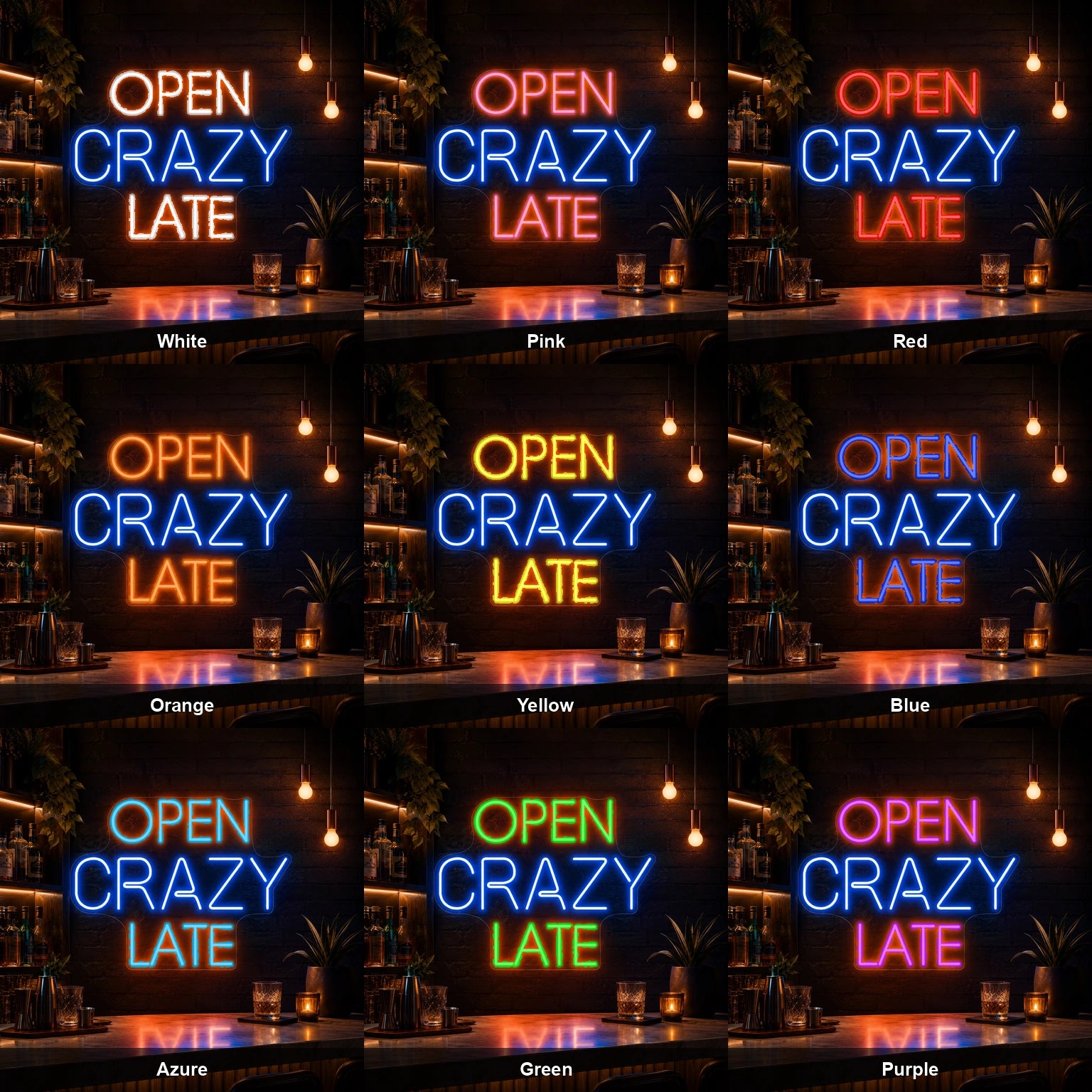 Open Crazy Late LED Neon Sign color grid