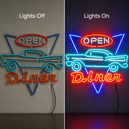 Open Diner Classic Car Neon Sign LED Neon Sign day and night comparison