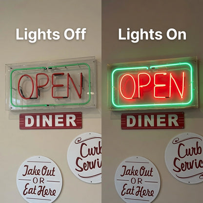 Open Diner Wall Decor LED Neon Sign - 06 Day Night Comparison