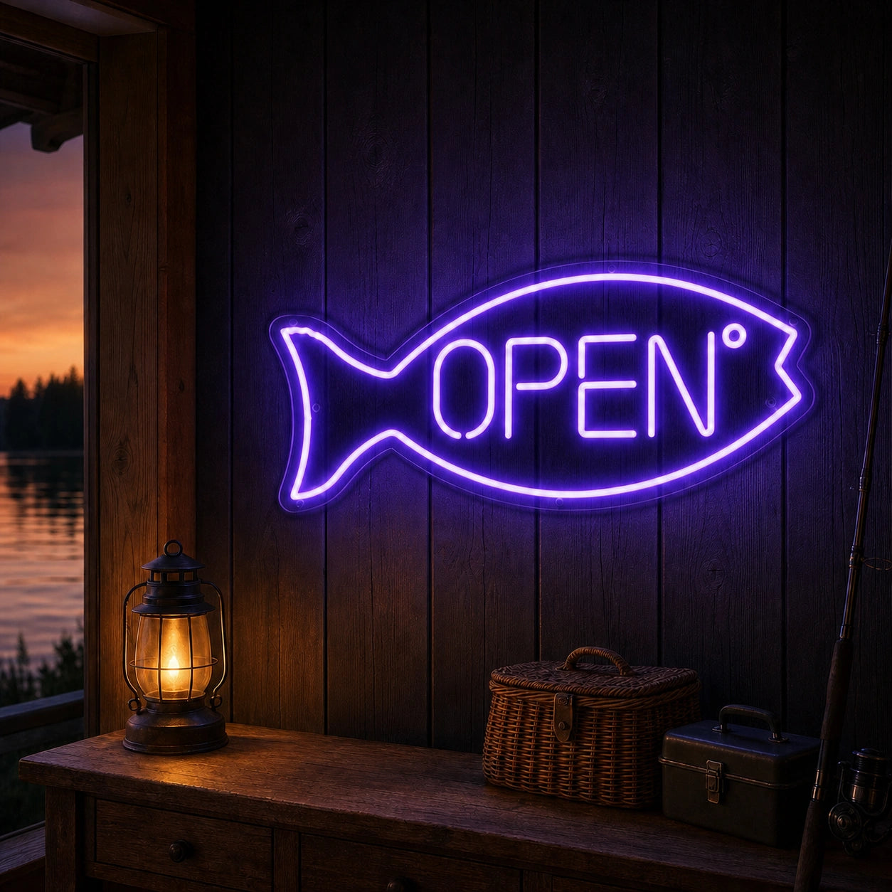 Open Fish LED Neon Sign Garage Man Cave Neon Sign real lifestyle scene