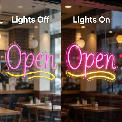 Open LED Neon Sign Bedroom Decor - 06 Day Night Comparison