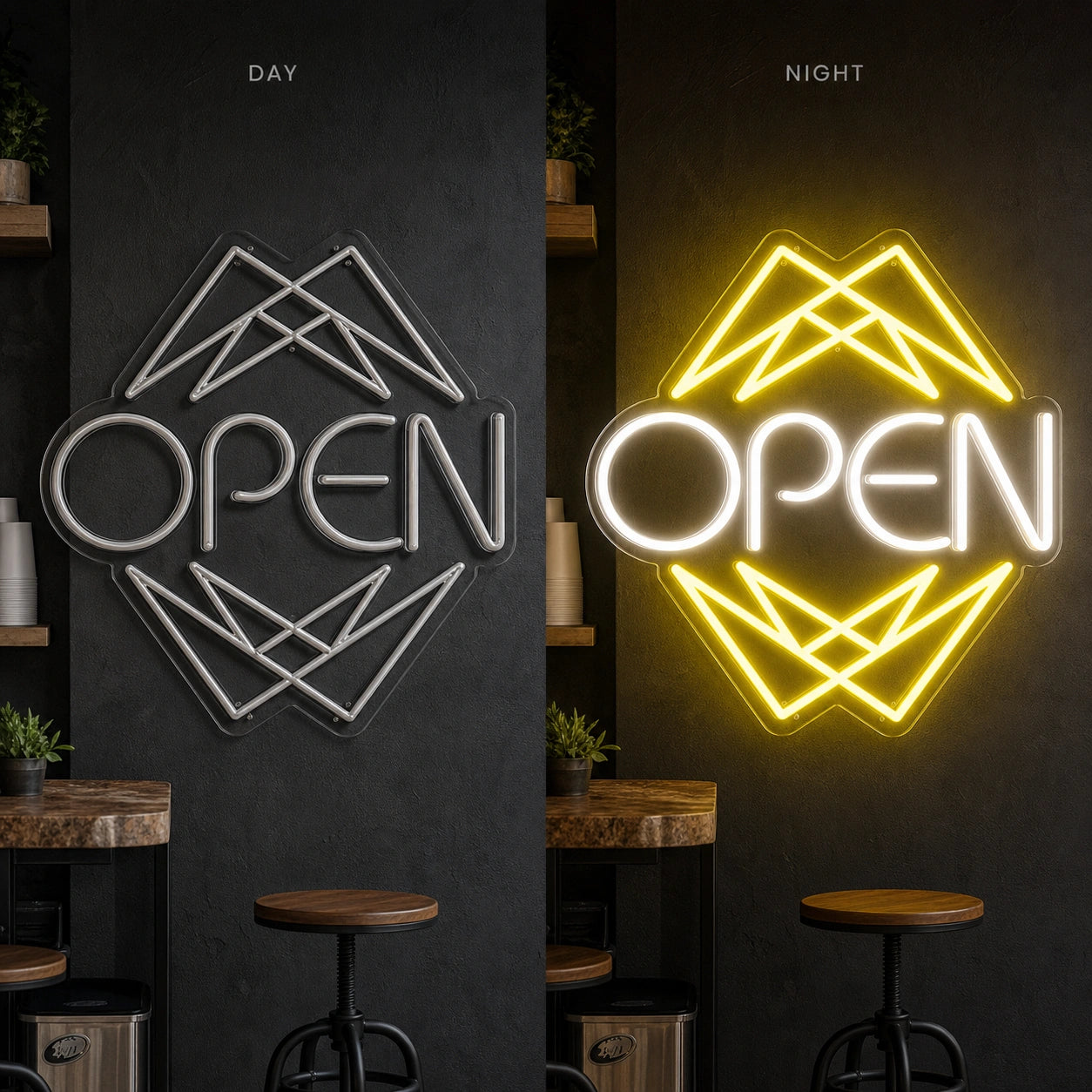 Open LED Neon Sign Garage Man Cave Neon Sign day and night comparison