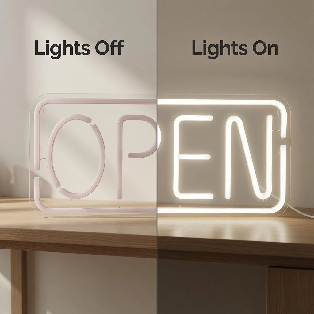 Open LED Neon Sign Home Decor - 06 Day Night Comparison