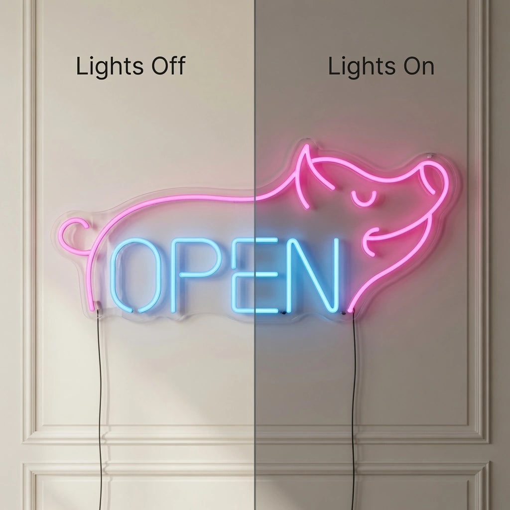Open LED Neon Sign Living Room Decor - 06 Day Night Comparison