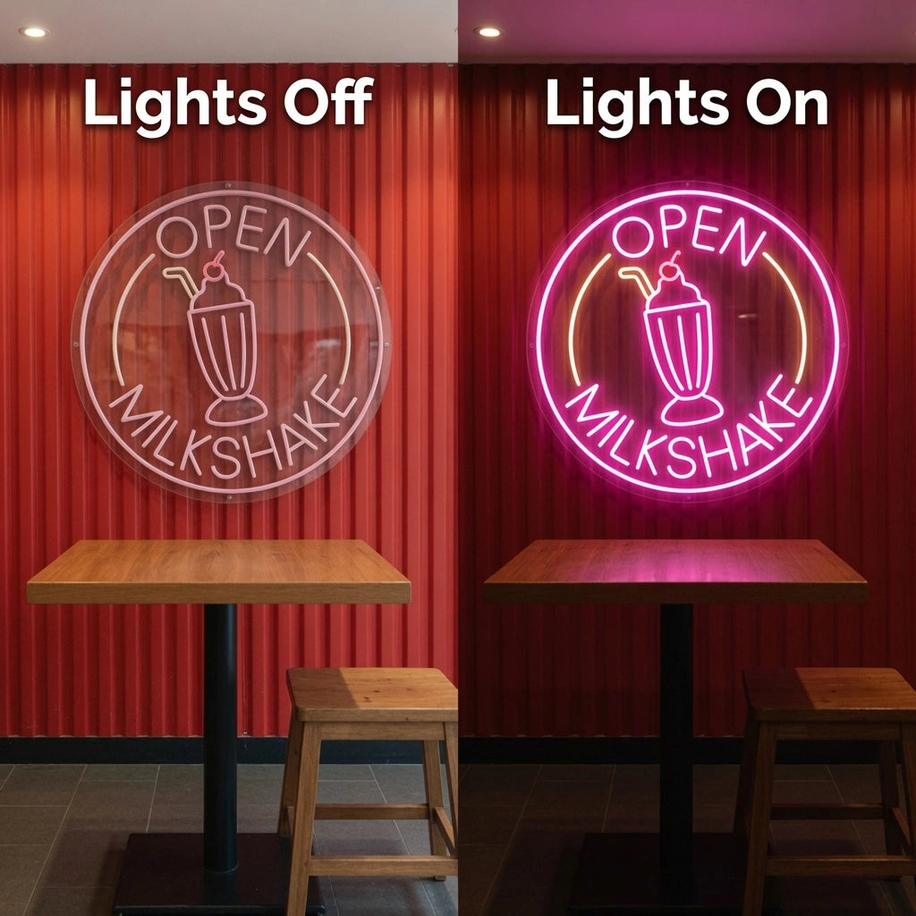 Open Milkshake Business LED Neon Sign - 06 Day Night Comparison