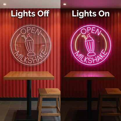 Open Milkshake Business LED Neon Sign - 06 Day Night Comparison