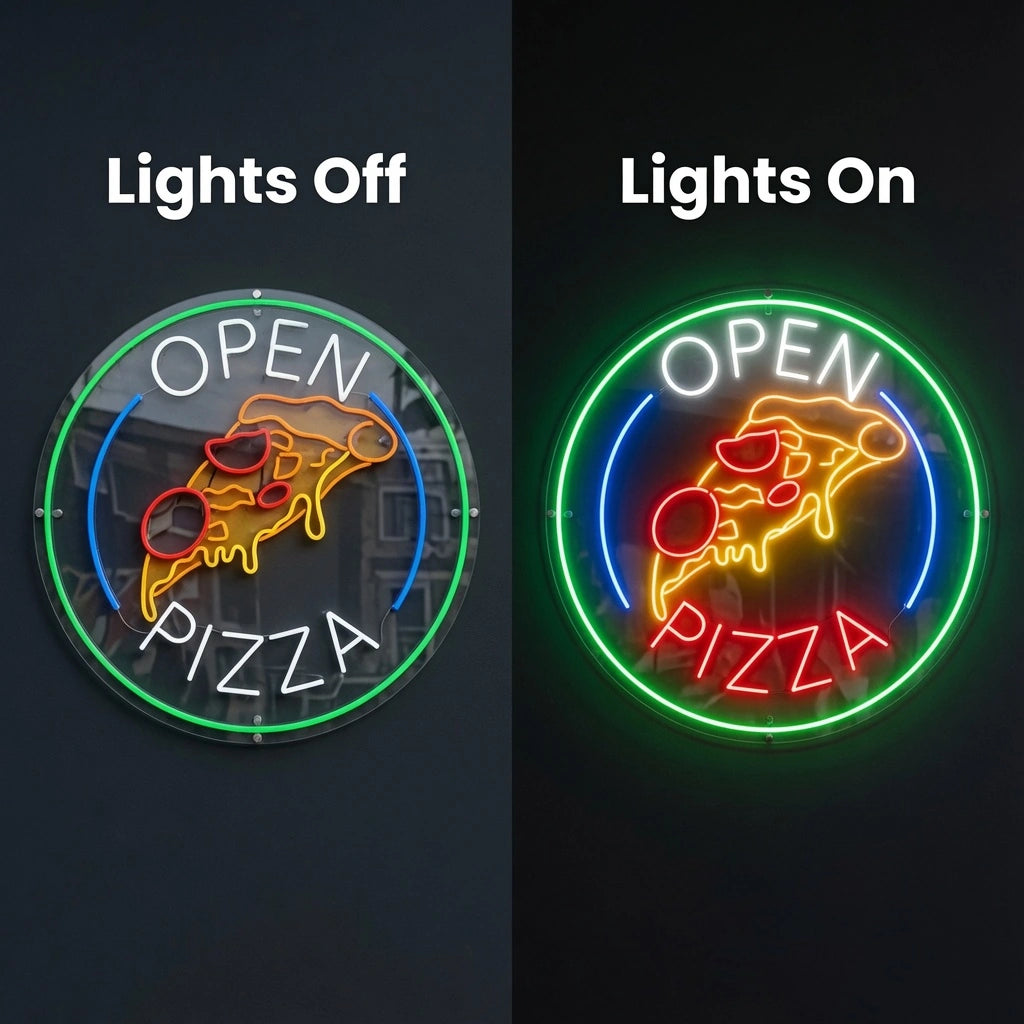 Open Pizza LED Neon Sign - 06 Day Night Comparison
